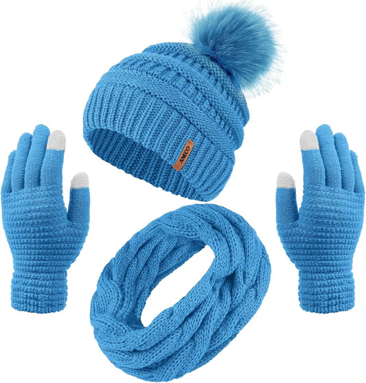 Women's Blue Knitted Fur Warm Winter Set